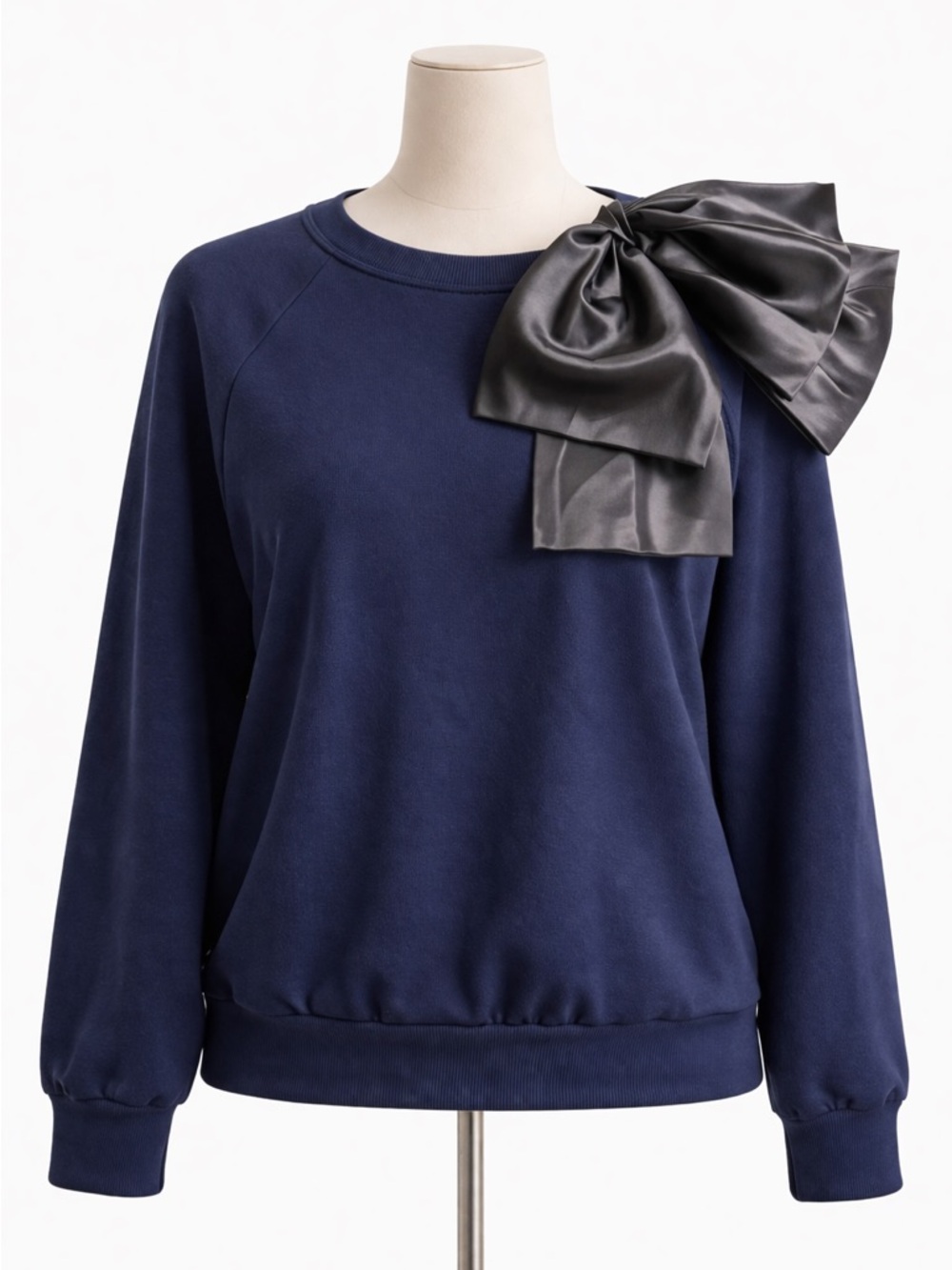 Thread Women’s Medium Navy Bow Sweatshirt Satin Shoulder Statement Top